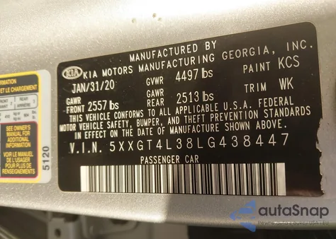 2020 Kia Optima Lx z USA, uszkodzony, nr VIN 5XXGT4L38LG438447